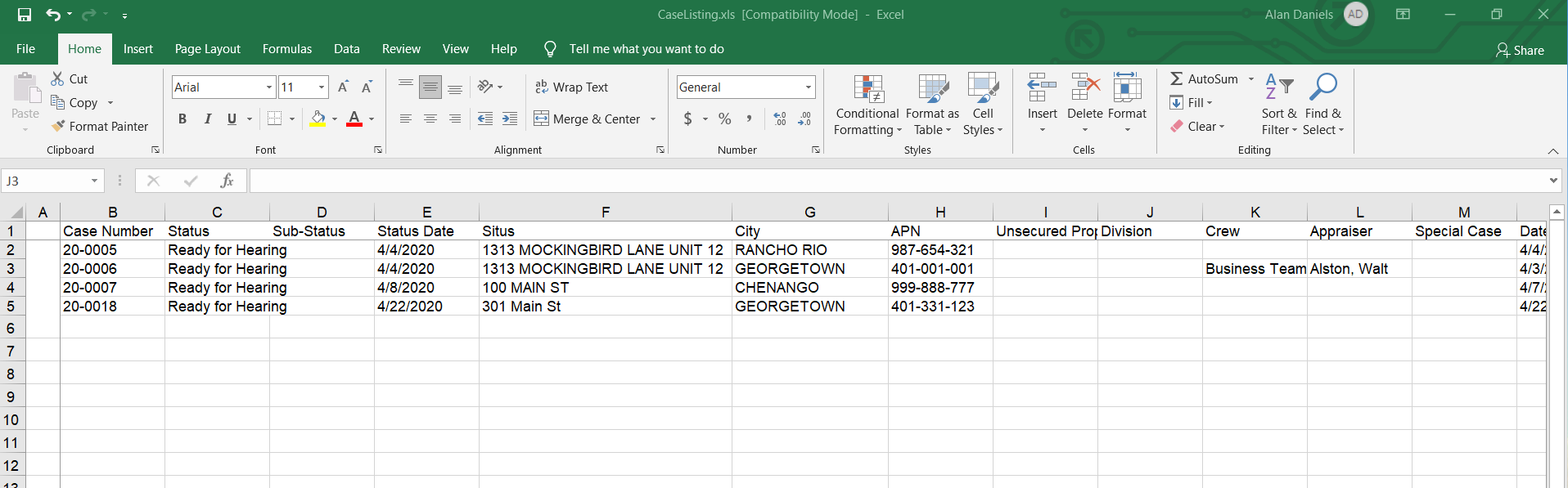 Case List Excel Output